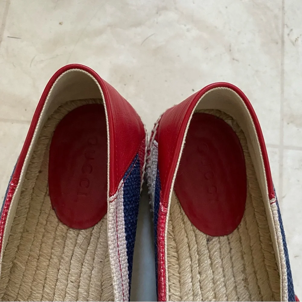 Gucci Sylvie Stripes Interlocking G Logo Canvas Leather Espadrilles Flats size 8